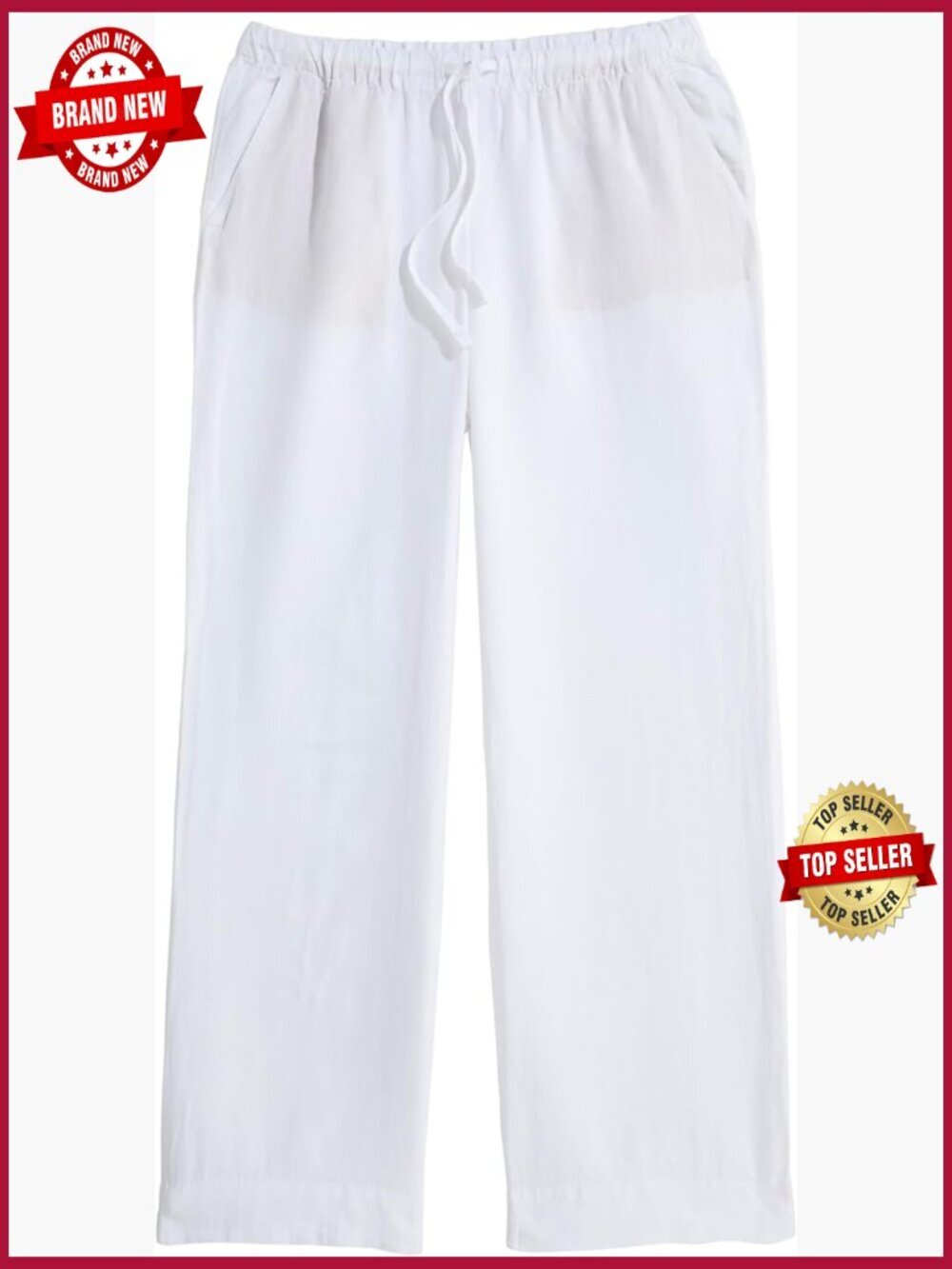 Mid Rise Palazzo Linen Pull On Flared Pants Drawstring Elastic Waist
